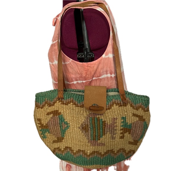 Sisal Large Tote Market Bag Basket Woven Leather Handles Fish Pattern Green Tan - Picture 4 of 10